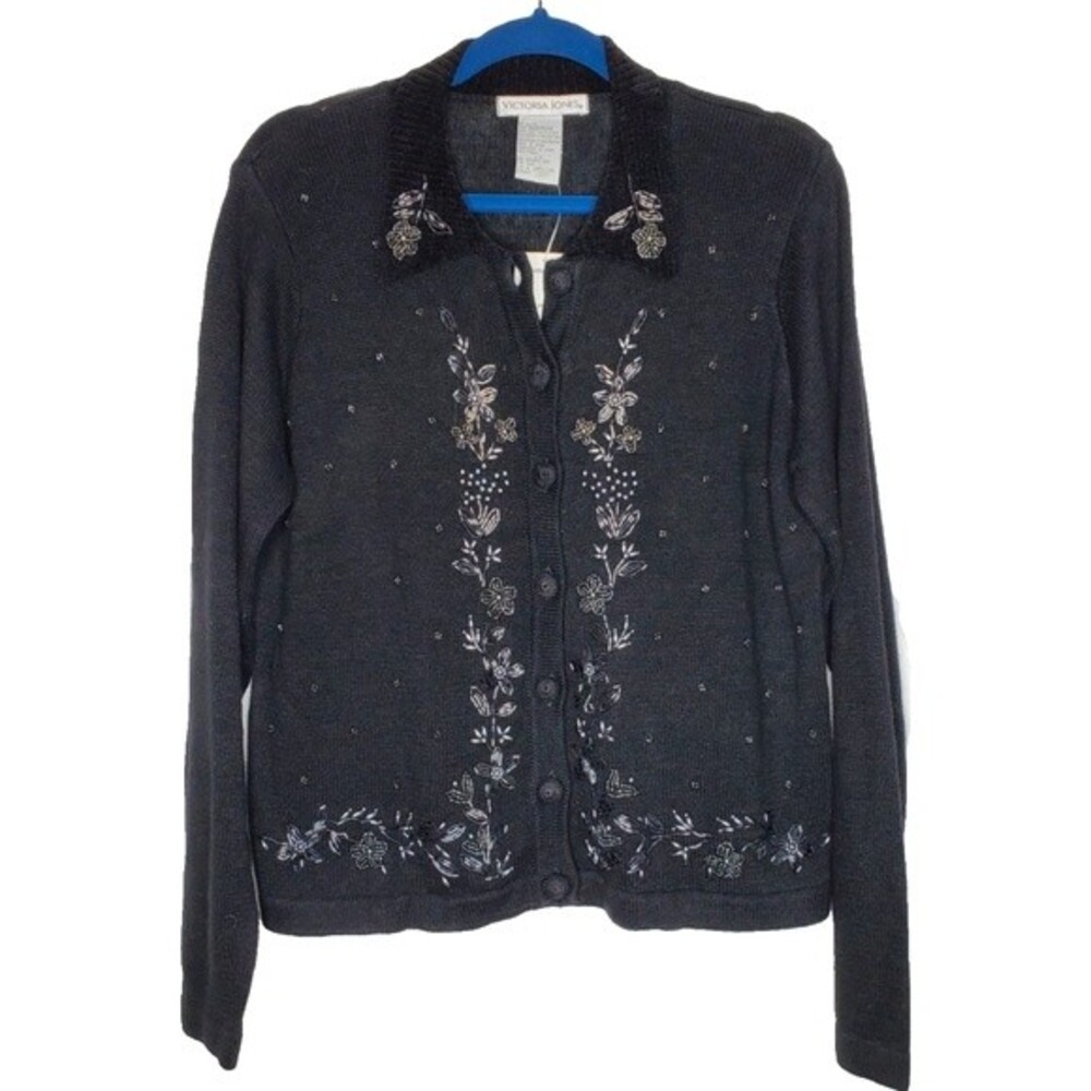 VINTAGE Victoria Jones Black Beaded Floral Collared Button Up Cardigan SZ Large